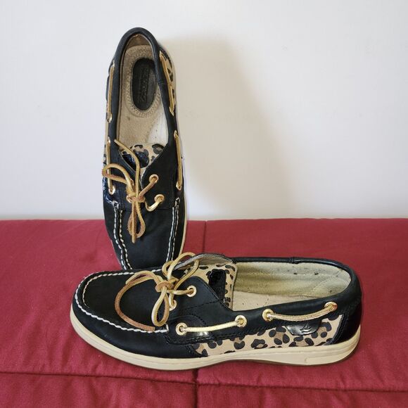 Shoes - Sperry Top-Sider Womens Boat Shoes Black Leopard Print Leather Lace Up 8.5M